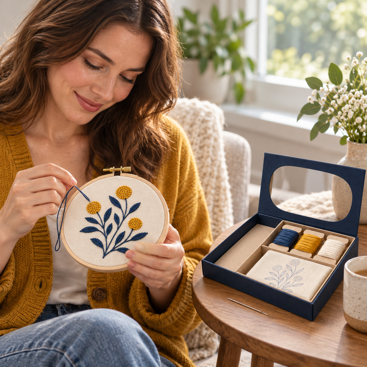 Botanical Embroidery Hoop Kit – Indigo Blue & Mustard Yellow