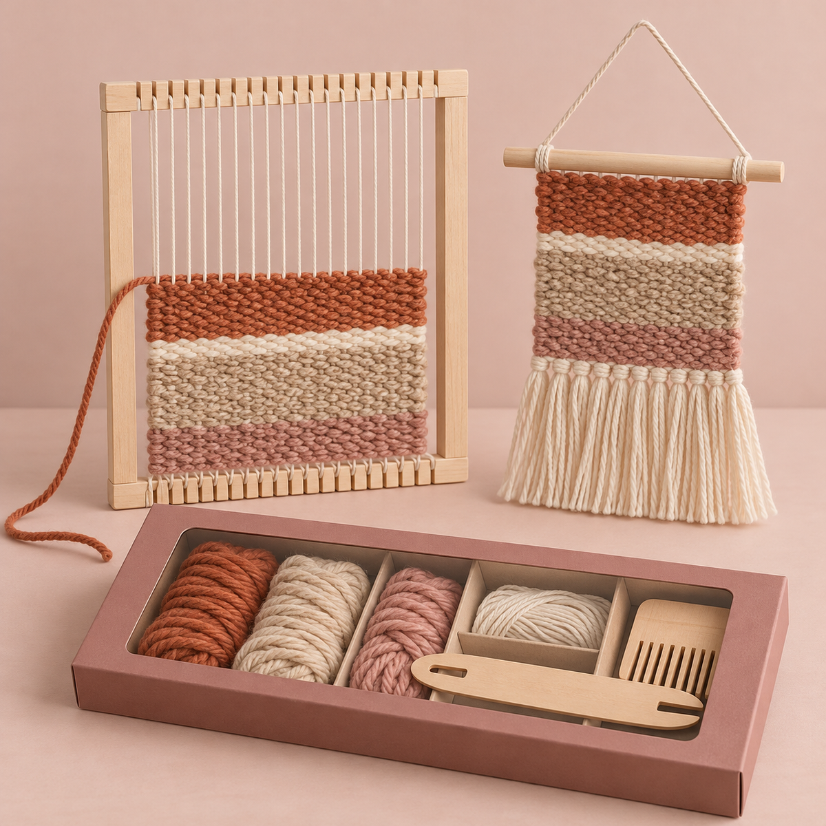 Mini Tapestry Weaving Kit – Terracotta, Oatmeal & Dusty Rose