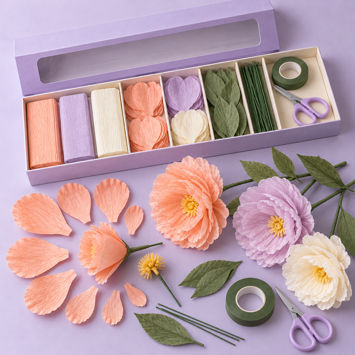 Crepe Paper Flower Making Kit – Peach, Lavender & Ivory