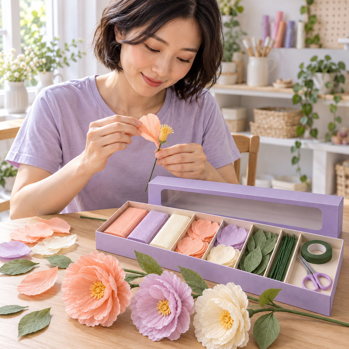 Crepe Paper Flower Making Kit – Peach, Lavender & Ivory