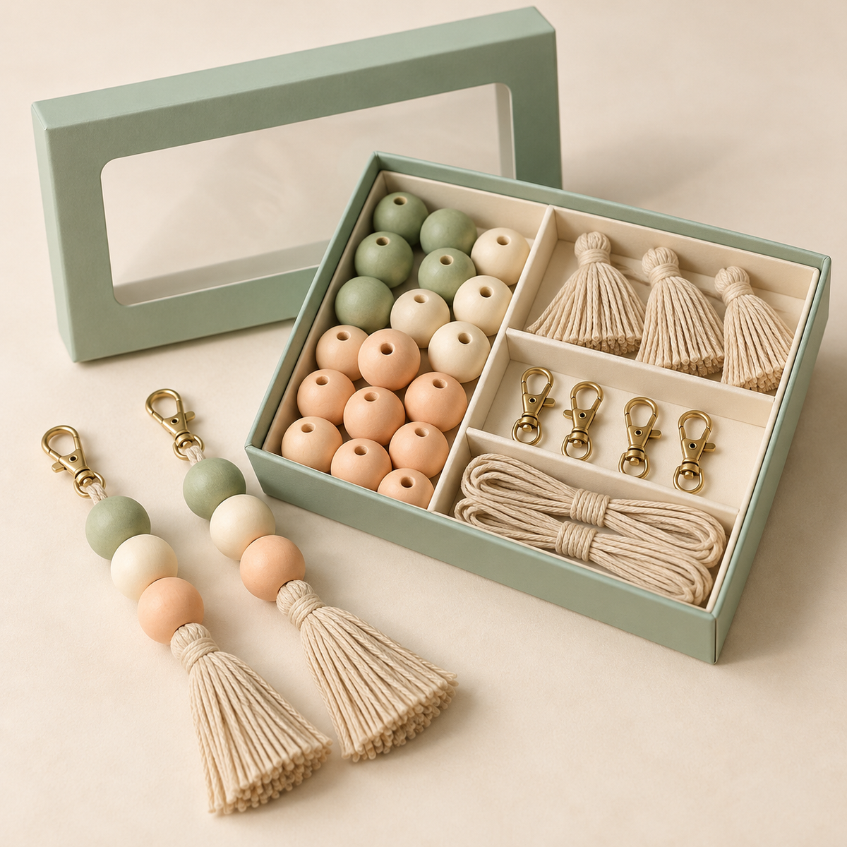 DIY Bead & Tassel Keychain Kit – Sage Green, Ivory & Peach
