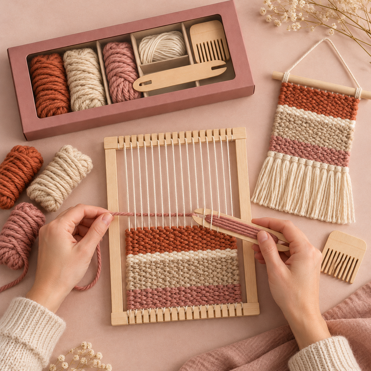 Mini Tapestry Weaving Kit – Terracotta, Oatmeal & Dusty Rose