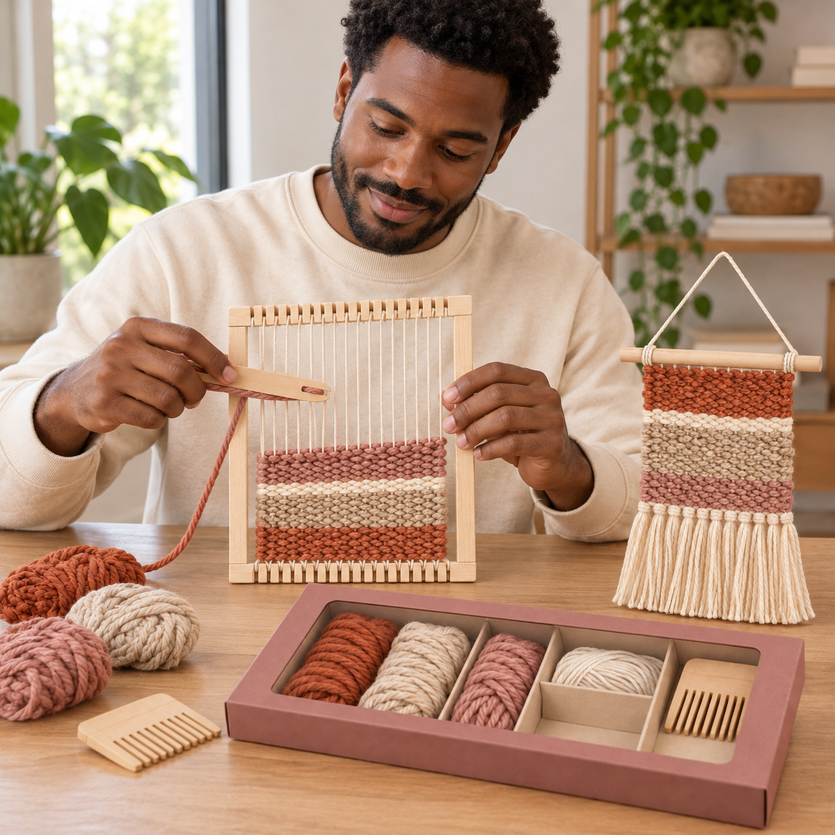 Mini Tapestry Weaving Kit – Terracotta, Oatmeal & Dusty Rose