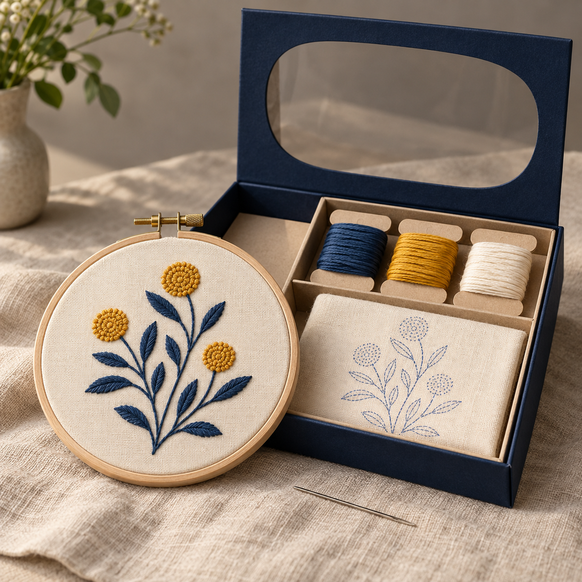Botanical Embroidery Hoop Kit – Indigo Blue & Mustard Yellow