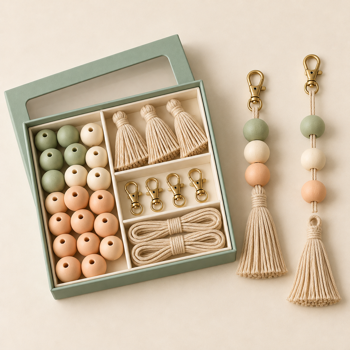 DIY Bead & Tassel Keychain Kit – Sage Green, Ivory & Peach