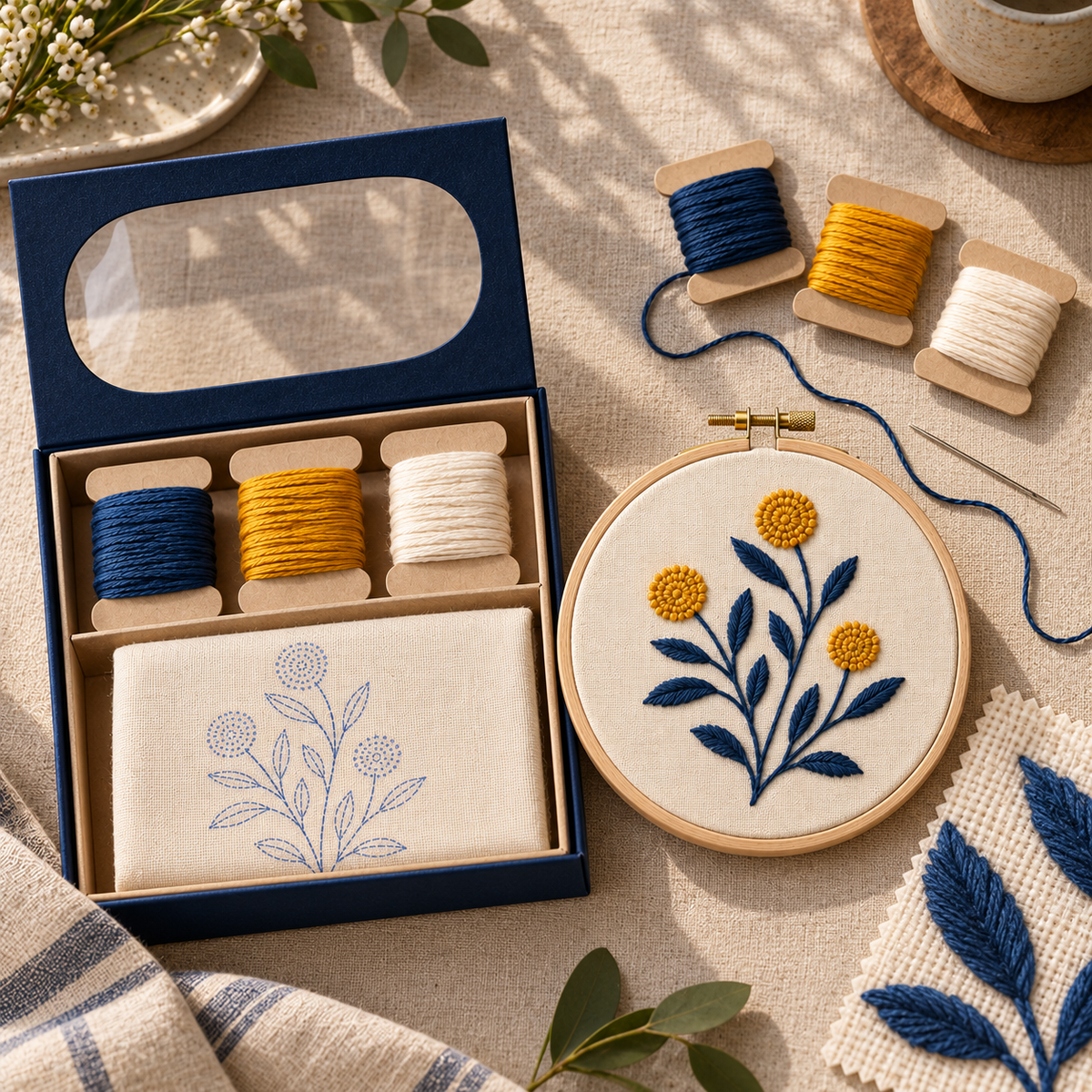 Botanical Embroidery Hoop Kit – Indigo Blue & Mustard Yellow