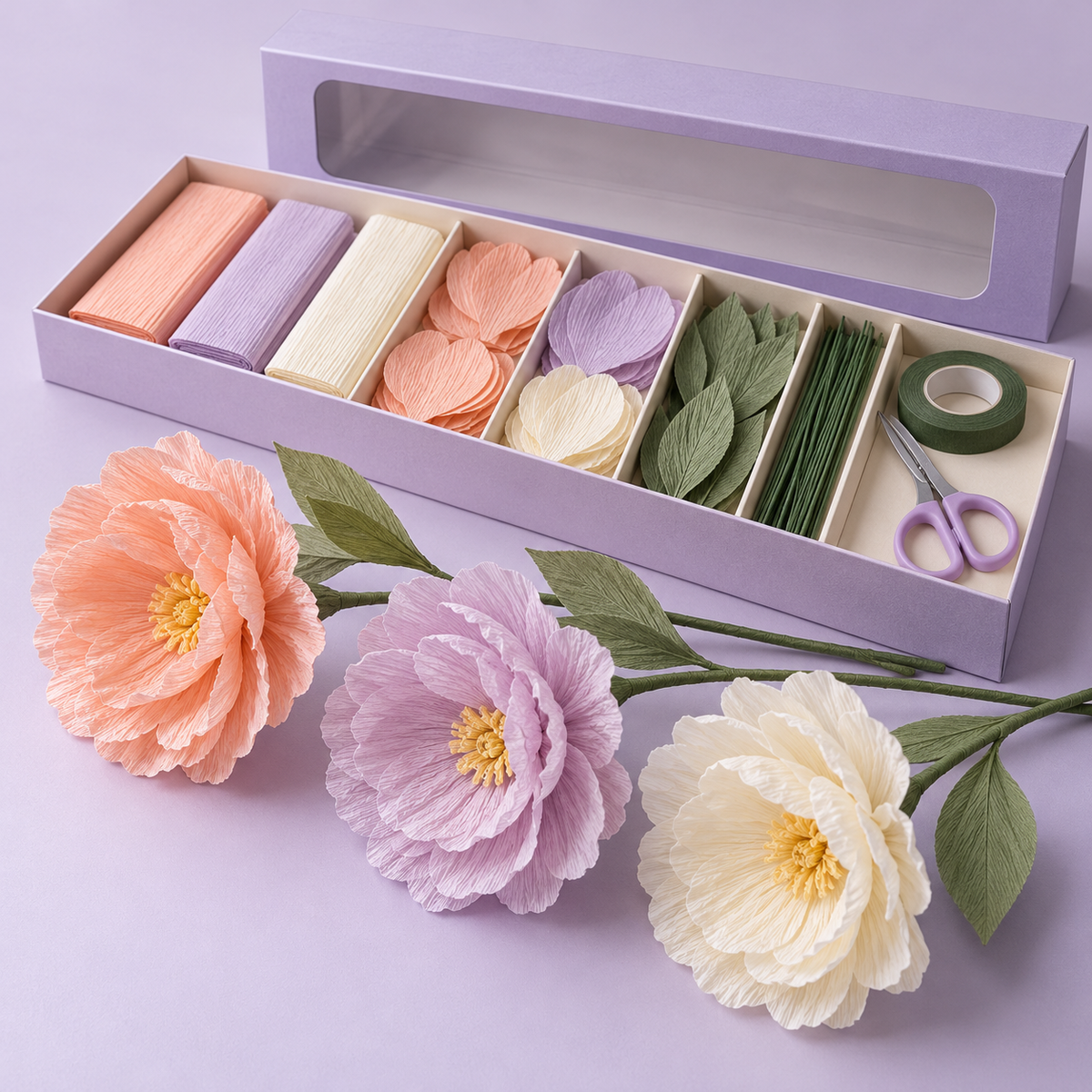 Crepe Paper Flower Making Kit – Peach, Lavender & Ivory