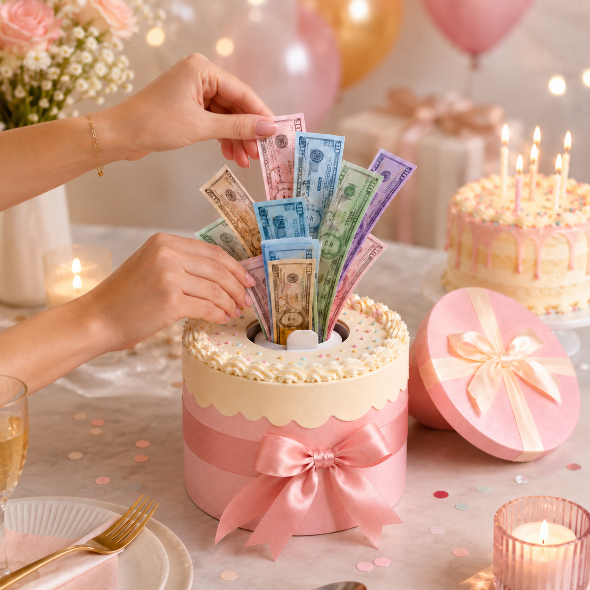 Money Pull Cake Surprise Gift Box Kit – Pink Birthday Cash Pulling Box with Ribbon, Money Sleeves & Pull Tabs for Birthdays, Graduation, Weddings & Party Gifts