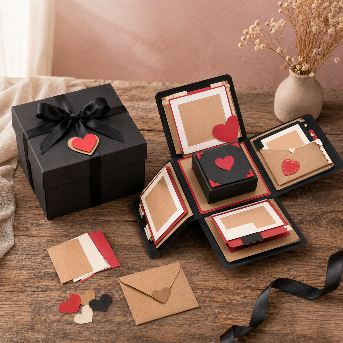DIY Explosion Gift Box Kit – Romantic Surprise Photo Memory Box with Heart Cards, Mini Envelopes & Handmade Gift Layers for Anniversaries, Birthdays & Valentine’s Day