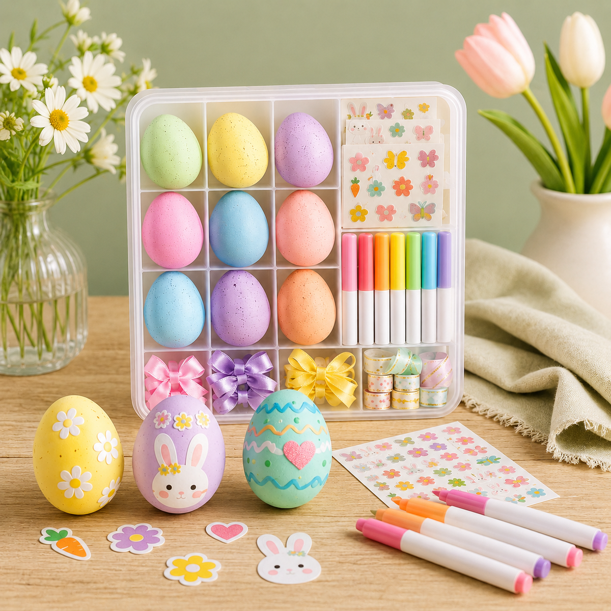 DIY Easter Egg Decorating Kit – Pastel Egg Craft Set with Markers, Stickers, Bows & Storage Case for Kids, Family Activities, Spring Parties & Holiday Gifts