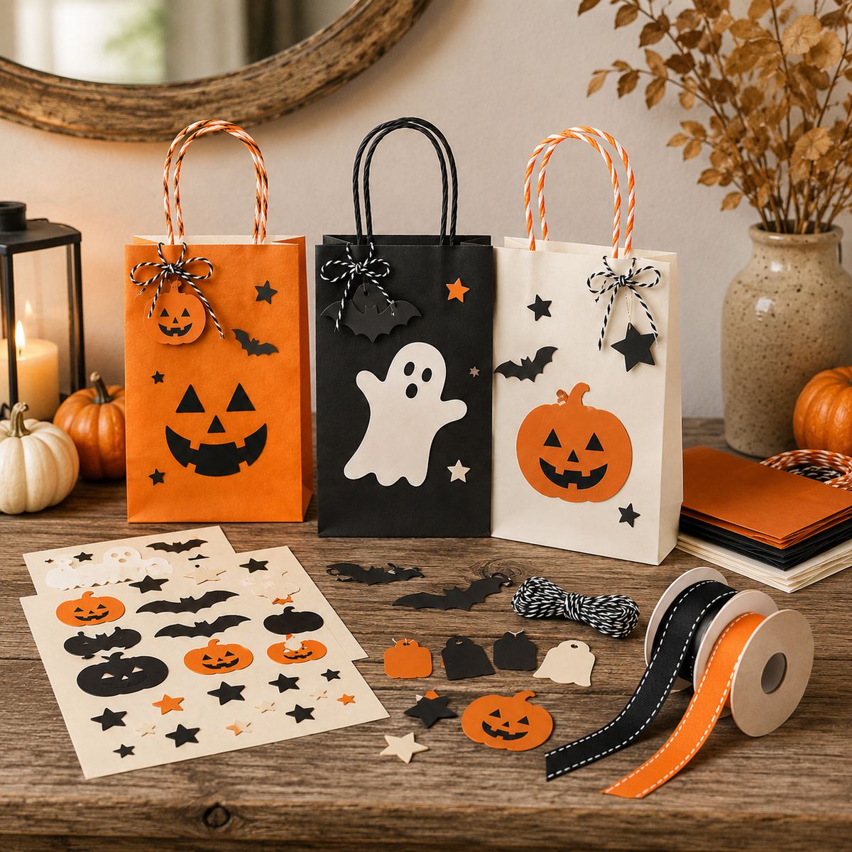 DIY Halloween Treat Bag Decorating Kit – Pumpkin, Ghost & Bat Party Favor Bags with Stickers, Ribbons, Twine & Gift Tags for Trick-or-Treat, Classroom Parties & Fall Crafts