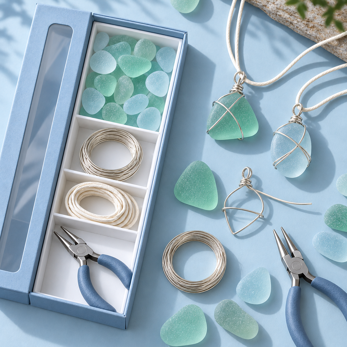 Sea Glass–Style Wire-Wrapping Kit – Ice Blue & Sea Green